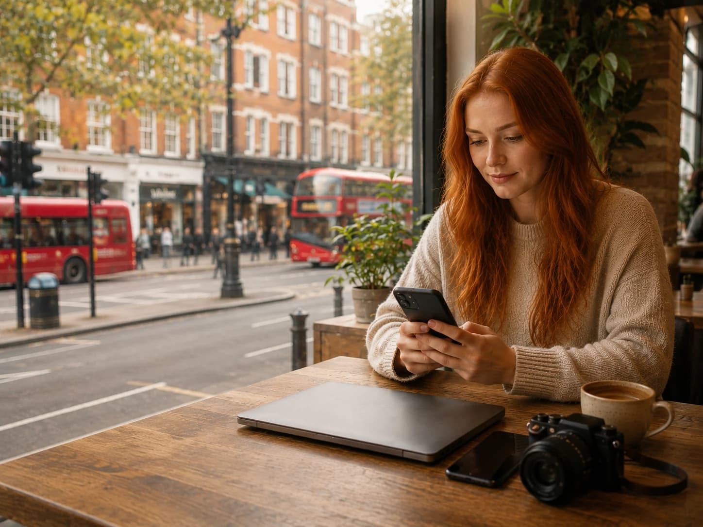 Person in a London cafe with a laptop, phone and camera ready to sell.