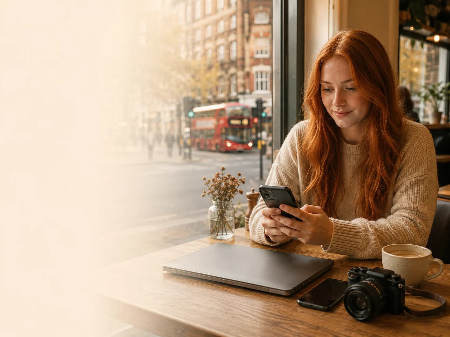 Person in a London cafe with a laptop, phone and camera ready to sell.