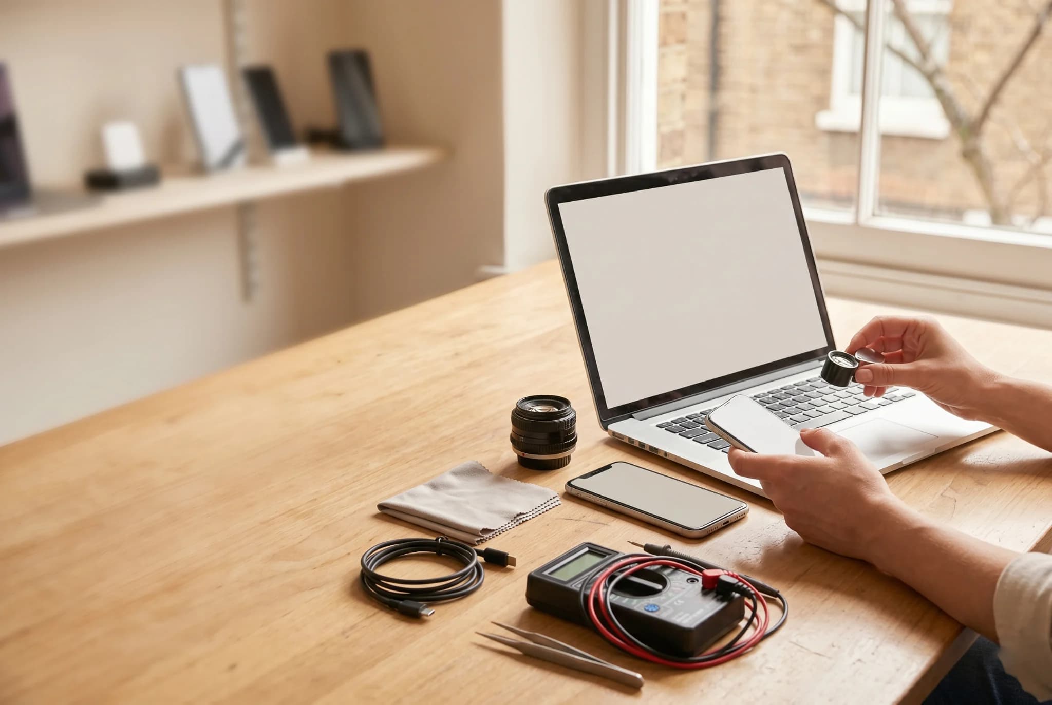 Laptop, phone, charger, lens and testing tools on a daylit inspection table.